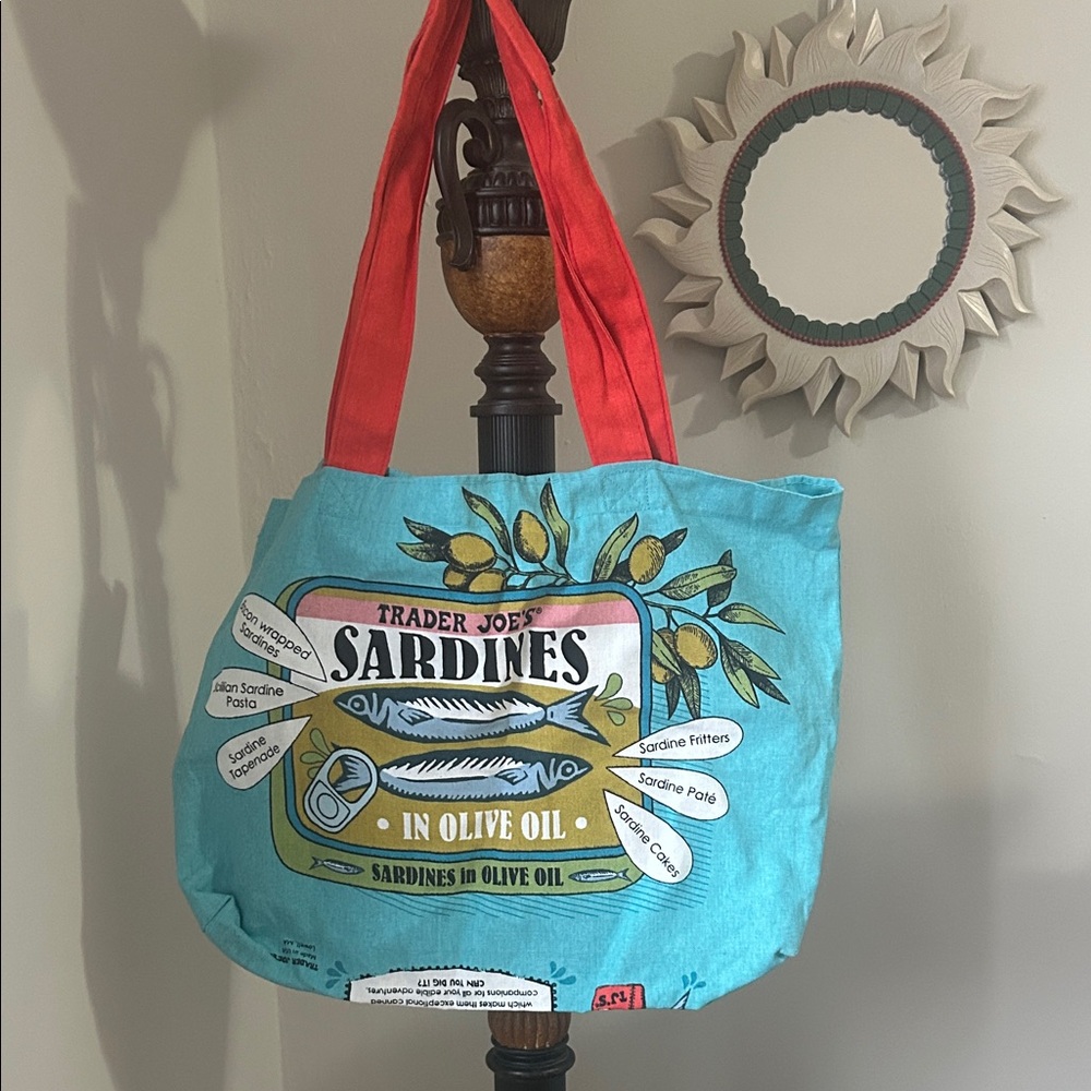Trader Joe's Sardines Themed Tote Bag in Blue and Red like new